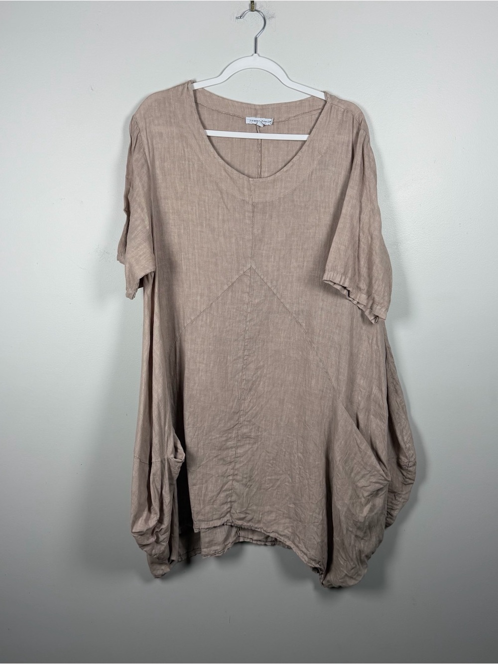 Tempo Paris Beige Linen Dress Womens Lagenlook Relaxed Bubble Hem Artsy S/M